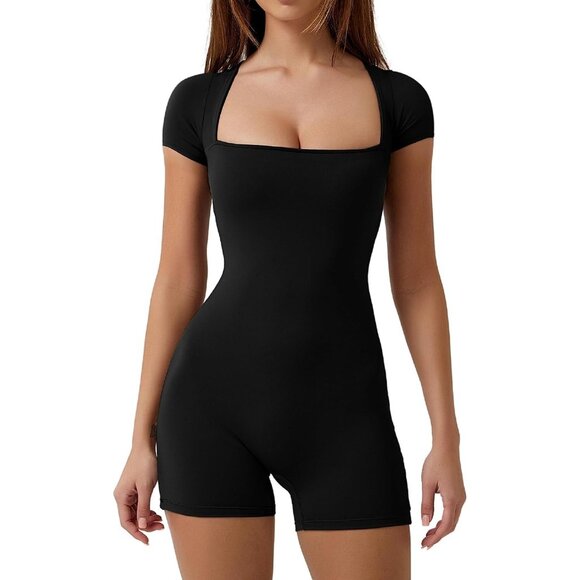 Black QINSEN Women Short Sleeve Bodycon Romper Stretchy Square Neck Unitard Jump - Picture 1 of 5